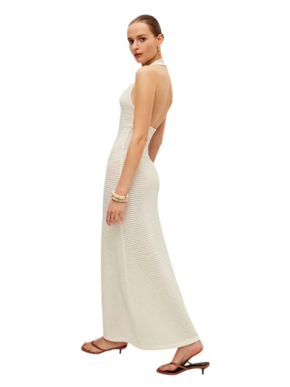 COMMENSE Semi-Sheer Knit Backless Dress Ivory White Halter Neck Maxi Medium - Picture 13 of 13